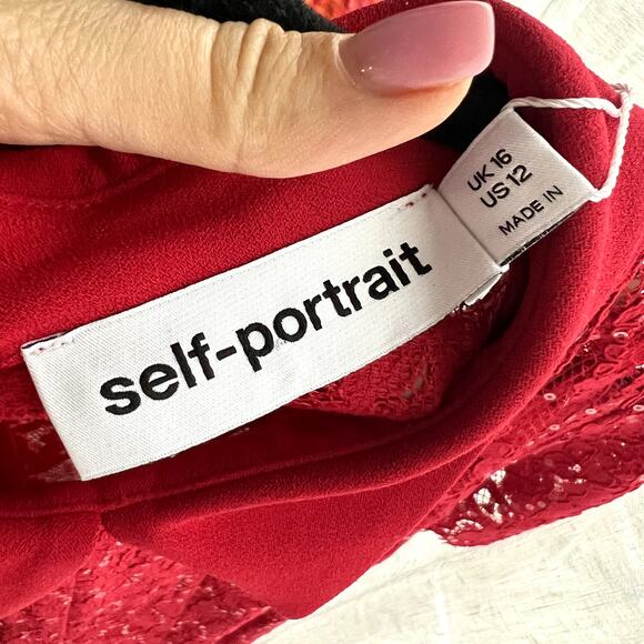 Self-Portrait Women's Red Sequin Lace Mini Dress short sleeve size 12 New - Picture 10 of 10